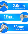 Beefy Heavy Duty Drawer Slides Full Extension Side Mount Rails dimensions with measurements for steel thickness, slide thickness, and width.