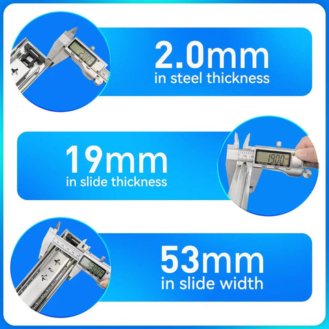 Beefy Heavy Duty Drawer Slides Full Extension Side Mount Rails dimensions with measurements for steel thickness, slide thickness, and width.