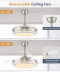 42 Inch Retractable Ceiling Fan With Remote, LED Lighting, And Brushed Nickel Finish, Smart Modern Ceiling Fan in off and on modes