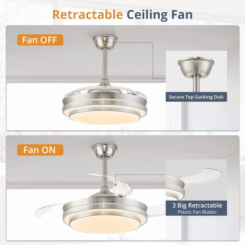 42 Inch Retractable Ceiling Fan With Remote, LED Lighting, And Brushed Nickel Finish, Smart Modern Ceiling Fan in off and on modes