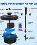 Floating Pond Fountain Pump With Lights Remote Control RGB LED 660 GPH Aerator assembly diagram