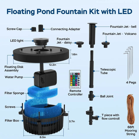 Floating Pond Fountain Pump With Lights Remote Control RGB LED 660 GPH Aerator assembly diagram