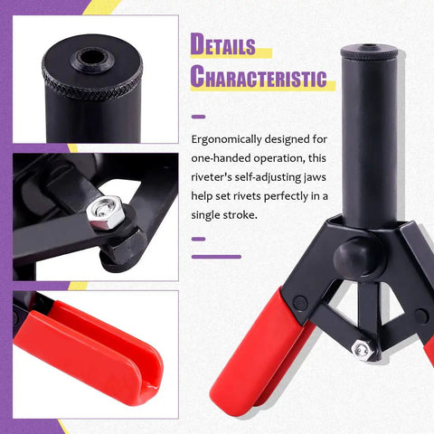 Details of the 41 Piece Pro Grade Poly Rivet Gun Kit With Rivet Removal Tool showing ergonomic handle and rivet nosepiece.