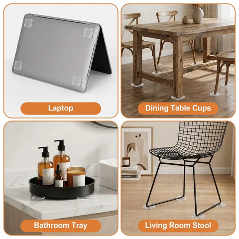 Various uses of Non Slip Cutting Board Feet Set 8 Pack 1.6 Inch Self Adhesive Silicone Pads shown on furniture and devices.