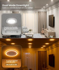 Sunco 24 Pack 6 Inch LED Recessed Lighting Retrofit with Night Light shown in living room, showcasing dual mode downlight in default and nightlight.