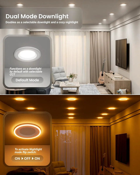 Sunco 24 Pack 6 Inch LED Recessed Lighting Retrofit with Night Light shown in living room, showcasing dual mode downlight in default and nightlight.