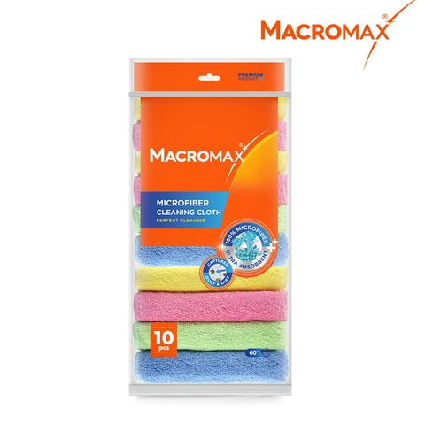 MacroMax microfiber cleaning cloths, 10-pack, assorted colors (pink, blue, yellow, green)