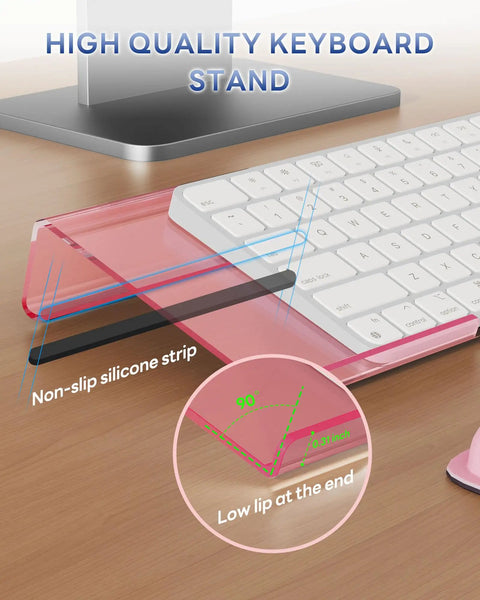 Ergonomic Keyboard Wrist Rest Stand for Desktop With Tilted Riser And Comfy Wrist Pad For Comfortable Typing At Office Home Or School Pink For All Day Comfort showing side view and tilted design.