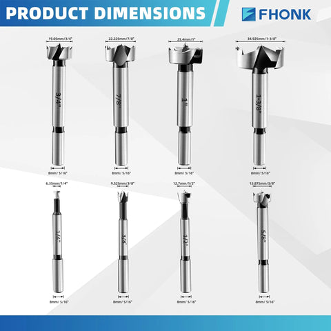 Product dimensions of Premium Alloy Steel Heavy Duty Forstner Bit Set Featuring Eight Precision Heat Treated Round Shank Hole Cutters.