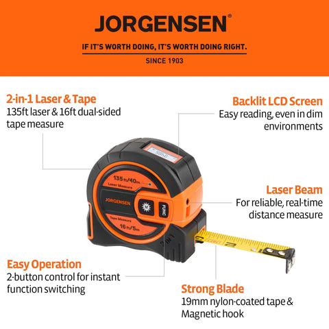 Straight Fire 2 In 1 Laser Tape Measure With 135 Ft Beam Range And 16 Ft Steel Ruler for easy reading and accurate measurement.