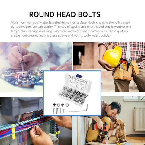 Pro Grade All In One Stainless Steel 304 Hex Bolts Nuts And Washers Kit displayed with DIY tools.