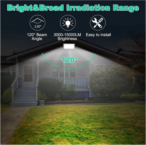 Security Lights Outdoor Flood Light Led Spotlights Outdoor Lighting Le showing 120° beam angle illuminating yard.