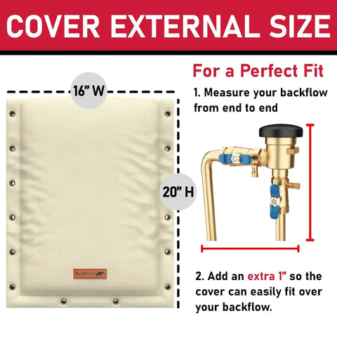 Instructional diagram for sizing Cold Weather Backflow Insulation Cover for Outdoor Sprinklers showing 16x20 inches fit guide.