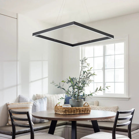 Sleek Black Square Chandelier With Up Light And Down Light For Kitchen Island And Dining Room over dining table.