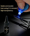 Close-up of UV resin application on a fishing rod tip, part of the All In One Pro Grade Fishing Rod Tip Repair Kit With 10 Top Eyelets, UV Resin, Epoxy, Wrapping Thread, Glue, Sandpaper, And Hot Melt Adhesive For Quick Pole Tip Restoration On The Water.