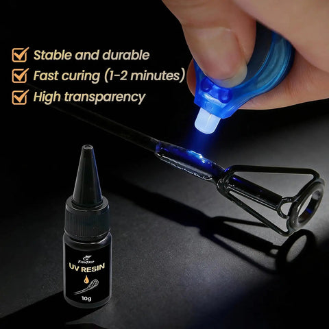 Close-up of UV resin application on a fishing rod tip, part of the All In One Pro Grade Fishing Rod Tip Repair Kit With 10 Top Eyelets, UV Resin, Epoxy, Wrapping Thread, Glue, Sandpaper, And Hot Melt Adhesive For Quick Pole Tip Restoration On The Water.