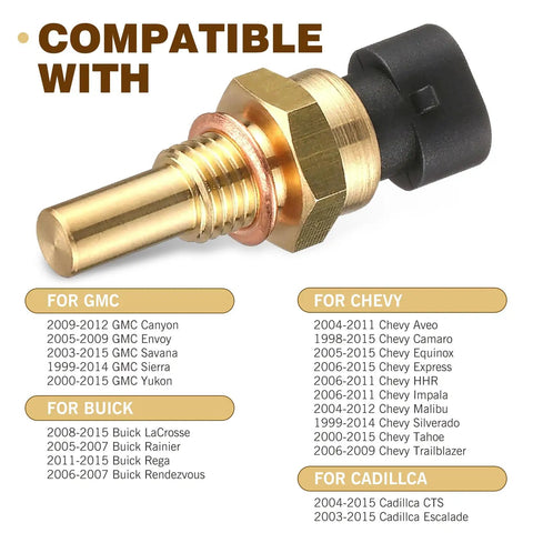 No Hassle Plug And Play Automotive Engine Temperature Sensor Replacement For Delphi Models OE 15369305, gold finish, compatibility list.