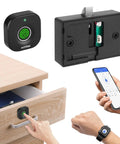 Smart Cabinet Lock With Fingerprint, Bluetooth App And Apple Watch Unlock shown with drawer installation, phone and watch access