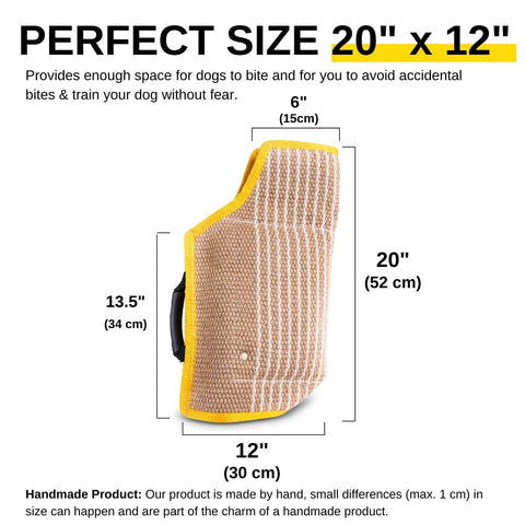 Durable Dog Bite Sleeve For Medium To Large Breeds Pro Training Gear For German Shepherds And Pitbulls Safe Padded Arm Sleeve For Police K9 And Personal Trainers Heavy Duty Bite Training Equipment, 20x12 in size, product dimensions shown.