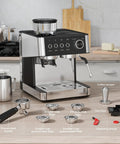 No Fuss Home Espresso Machine With Built In Grinder And Stainless Steel Milk Frother Wand For Killer Lattes And Smooth Shots Quick 20 Bar Brew Setup For Your Daily Grind with milk cup and coffee tamper on kitchen counter.