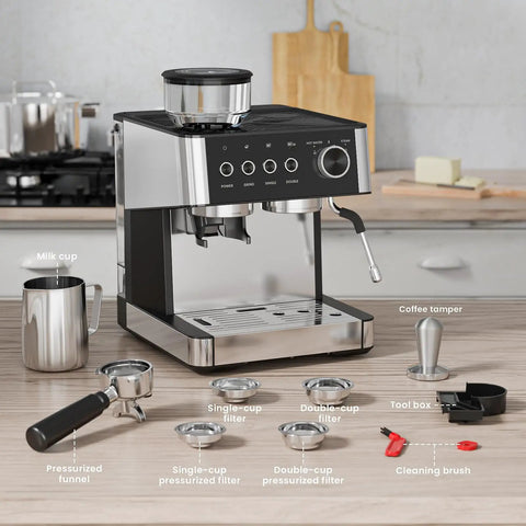 No Fuss Home Espresso Machine With Built In Grinder And Stainless Steel Milk Frother Wand For Killer Lattes And Smooth Shots Quick 20 Bar Brew Setup For Your Daily Grind with milk cup and coffee tamper on kitchen counter.