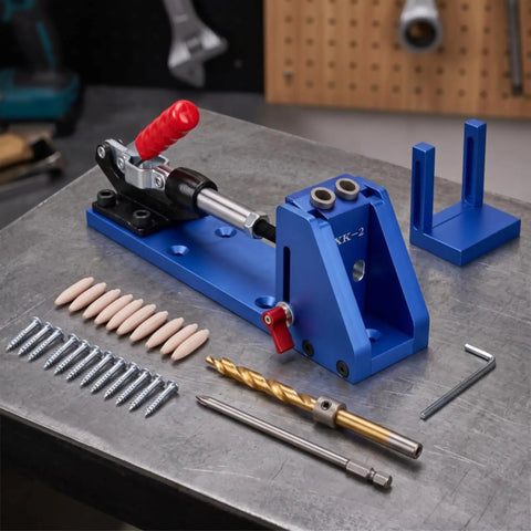 Top Notch Pocket Hole Jig With Adjustable Clamp For Woodworking Pros Who Want Flawless Cabinet Doors And Furniture Builds Every Single Time Using Heavy Duty Drill Guide System, blue anodized with clamp and accessories