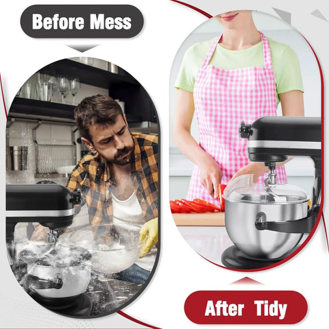 "Before and after using Pouring Shield Splash Guard for 6-7 Qt Tilt-Head Stand Mixer with Stainless Steel Bowl for mess-free use"