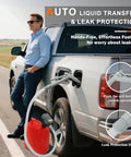 Man using Portable Fuel Pump For Gas, Diesel And Kerosene With 3.2 GPM Flow, 51 Inch Hose, Tank Adapter, and Easy Pour Design, gray, on a vehicle