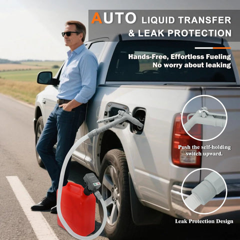 Man using Portable Fuel Pump For Gas, Diesel And Kerosene With 3.2 GPM Flow, 51 Inch Hose, Tank Adapter, and Easy Pour Design, gray, on a vehicle