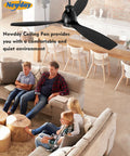Living room with 52 Inch Ceiling Fan With Lights And Remote, Black Finish, 3 Blades, above a family sitting on a couch.