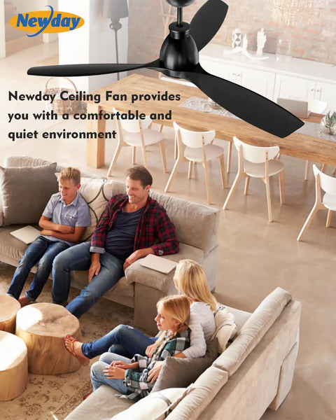 Living room with 52 Inch Ceiling Fan With Lights And Remote, Black Finish, 3 Blades, above a family sitting on a couch.