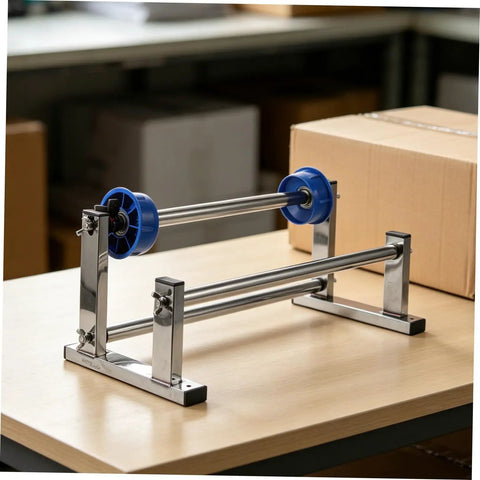 Manual Stretch Film Dispenser Stand For Shipping Supplies Hand Operated Wrap Film Holder With Metal And Plastic Construction Lightweight Yet Sturdy For Easy Desktop Wrapping And Efficient Warehouse Or Home Packing, on desk