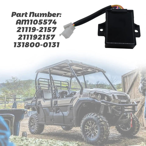 CDI Ignitor Box Replacement For Kawasaki Mule FD Series And John Deere LX And 300 Series Tractors shown above a mower.