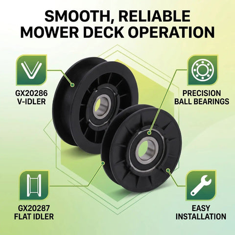 Gotta love this sleek Rastky Flat Idler Pulley Kit For Your Lawn Mower Deck That Fixes V Belt Slippage And Delivers Super Smooth Operation With Durable Plastic Metal Bearings Perfect Match For GX20286 287 Models Plus More Decks Like LA100 LA105 LA110: black V-idler and flat pulley set