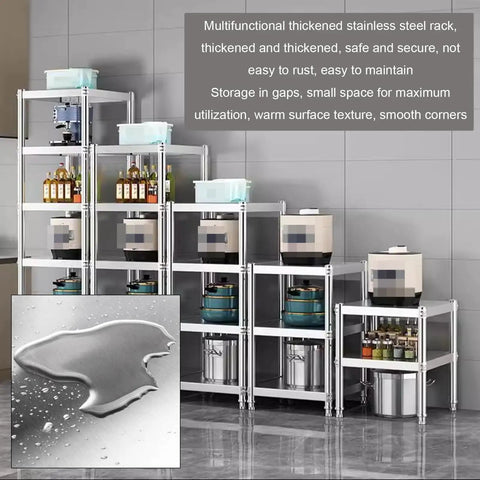 Top Grade Rust Proof Stainless Steel Shelving System With Four Tier Heavy Duty Storage Rack For Kitchen Garage And Commercial Spots, featuring four tiers with secured storage.