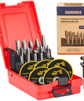 EASTPACE 10pc tungsten carbide burr set with red case, 1/4 in shank; includes mandrel and five 3-inch cut-off discs.