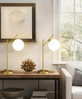 Mid Century Modern Table Lamp with Brass Metal Body and Milky White Glass Globe Shade 1 Light Bedside Lamp for Bedroom