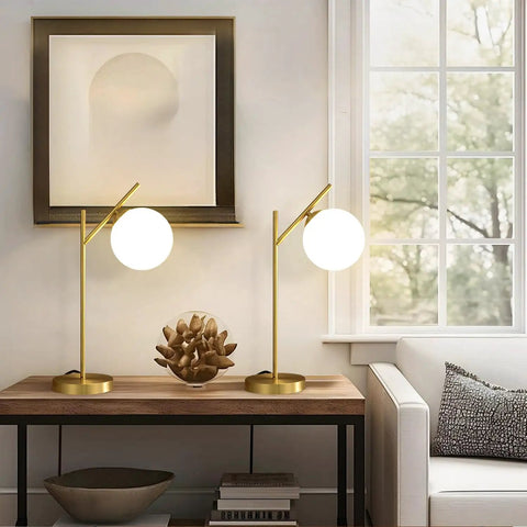 Mid Century Modern Table Lamp with Brass Metal Body and Milky White Glass Globe Shade 1 Light Bedside Lamp for Bedroom