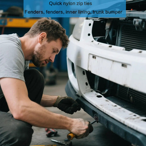 Mechanic using Heavy Duty Nylon Cable Tie Set For Everyday Fixes Self Locking Zip Ties With Universal Buckles on car bumper