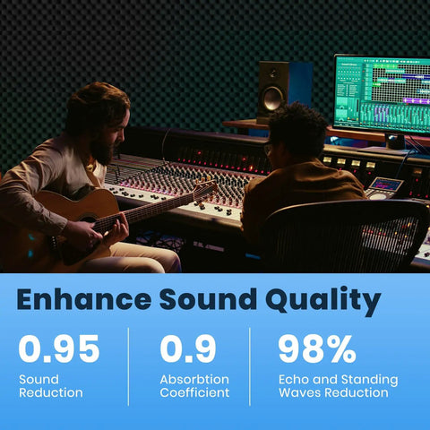 Two musicians in a studio using 2 Pack High Density Egg Crate Acoustic Foam Panels 48 X 24 Inches Commercial Grade Soundproof Wall Tiles.
