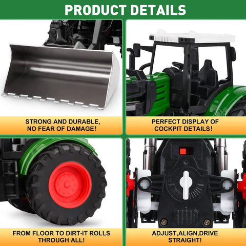 Remote Control Tractor Toy One Twenty Fourth Scale For Kids Ages 3 To 9 with close-up details of wheels, scoop, and cockpit