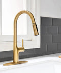 Smooth Operator Brushed Gold Kitchen Faucet With Sleek Single Handle And Slick Pull Down Sprayer For Zero Hassle Cleaning Featuring Splash Proof Three Way Spray For Quick One Or Three Hole Install shown from a side angle with gooseneck spout.