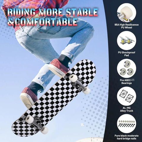 Beginner Friendly 31x8 Skateboard Deck With Double Kick And 7 Layer Canadian Maple, Checkerboard Style, mid-air trick shot