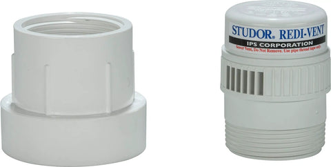 Redi-Vent Air Admittance Valve with PVC Adapter, white, fits 1-1/2 to 2 inch pipes, shown with threaded connection details.