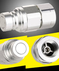 2-pack 1/2 inch NPT flat-face hydraulic quick-connect couplers with four dust caps, chrome-plated metal.