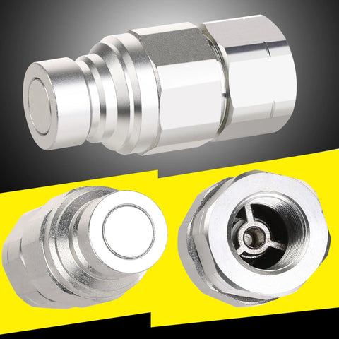 2-pack 1/2 inch NPT flat-face hydraulic quick-connect couplers with four dust caps, chrome-plated metal.