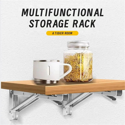 Wooden shelf with heavy duty 8 inch folding shelf brackets set of 6 for wall mounted shelves benches and tables with mugs and jars.