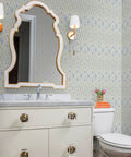 Next Level Ikat Stripes Faux Vinyl Wallpaper With Durable Subtle Leather Grain Finish Engineered For Bustling Commercial Spaces And Custom Sized To Fit Your Walls Built Tough For Years in a stylish bathroom setting.