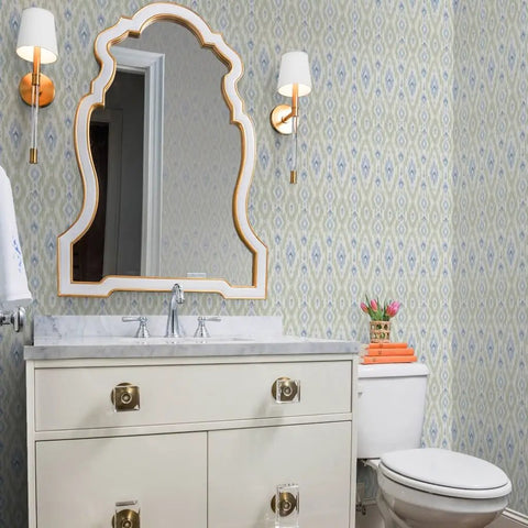 Next Level Ikat Stripes Faux Vinyl Wallpaper With Durable Subtle Leather Grain Finish Engineered For Bustling Commercial Spaces And Custom Sized To Fit Your Walls Built Tough For Years in a stylish bathroom setting.