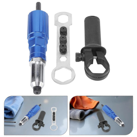 Cordless Rivet Nut Setter Tool Kit for Metal with aluminum alloy body and plastic handle, ideal for auto repair projects.